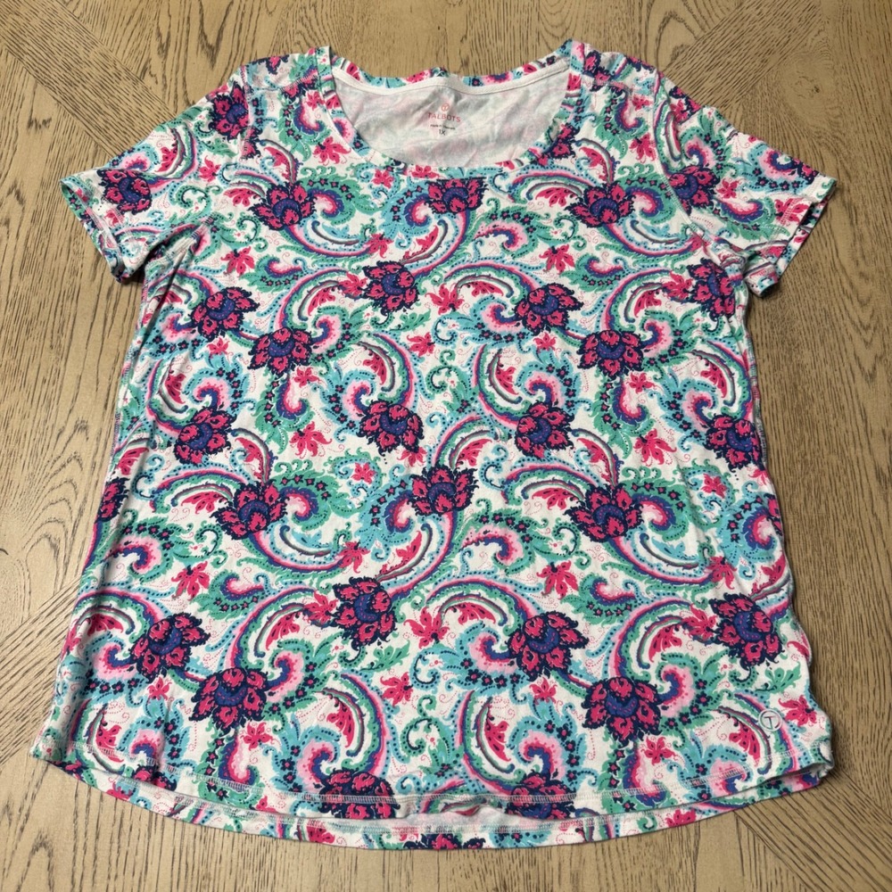 Talbots Women's 1X Paisley Floral Print Short Sleeve T-Shirt Top‎ Blouse - Picture 2 of 9